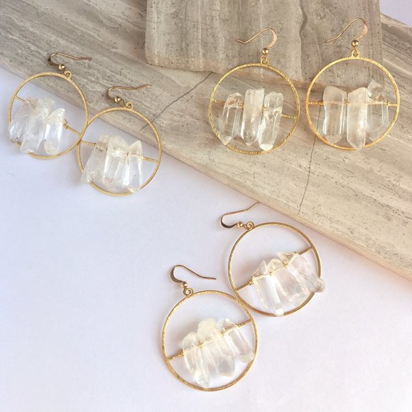 Clear Quartz Crystal — Gold hoop Earrings - Picture 4 of 6